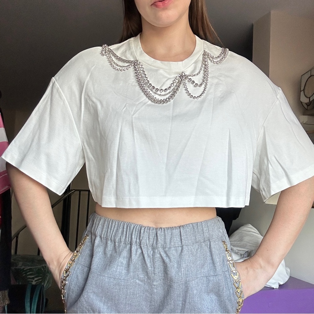 AREA Crystal Rhinestone Embellished Relaxed Crop Top White T Shirt
